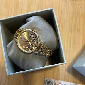 Olivia Burton Golden Bejewelled Lace Watch With 30mm Lace Detail Floral Face.